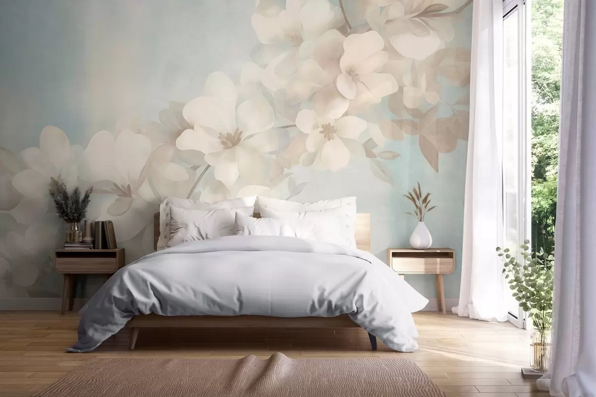 wall murals White flowers on a branch, soft pastel colors, light blue textured background w10107