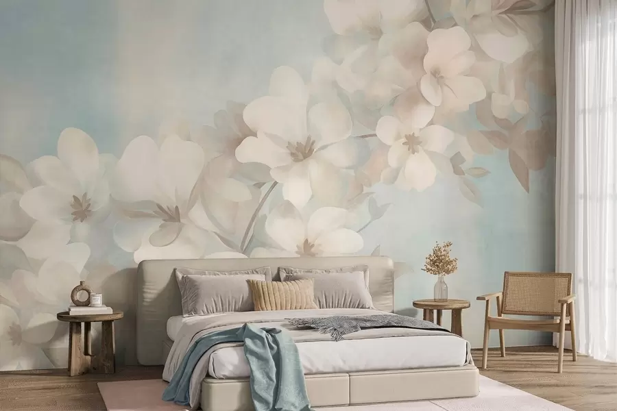 wall murals White flowers on a branch, soft pastel colors, light blue textured background w10107