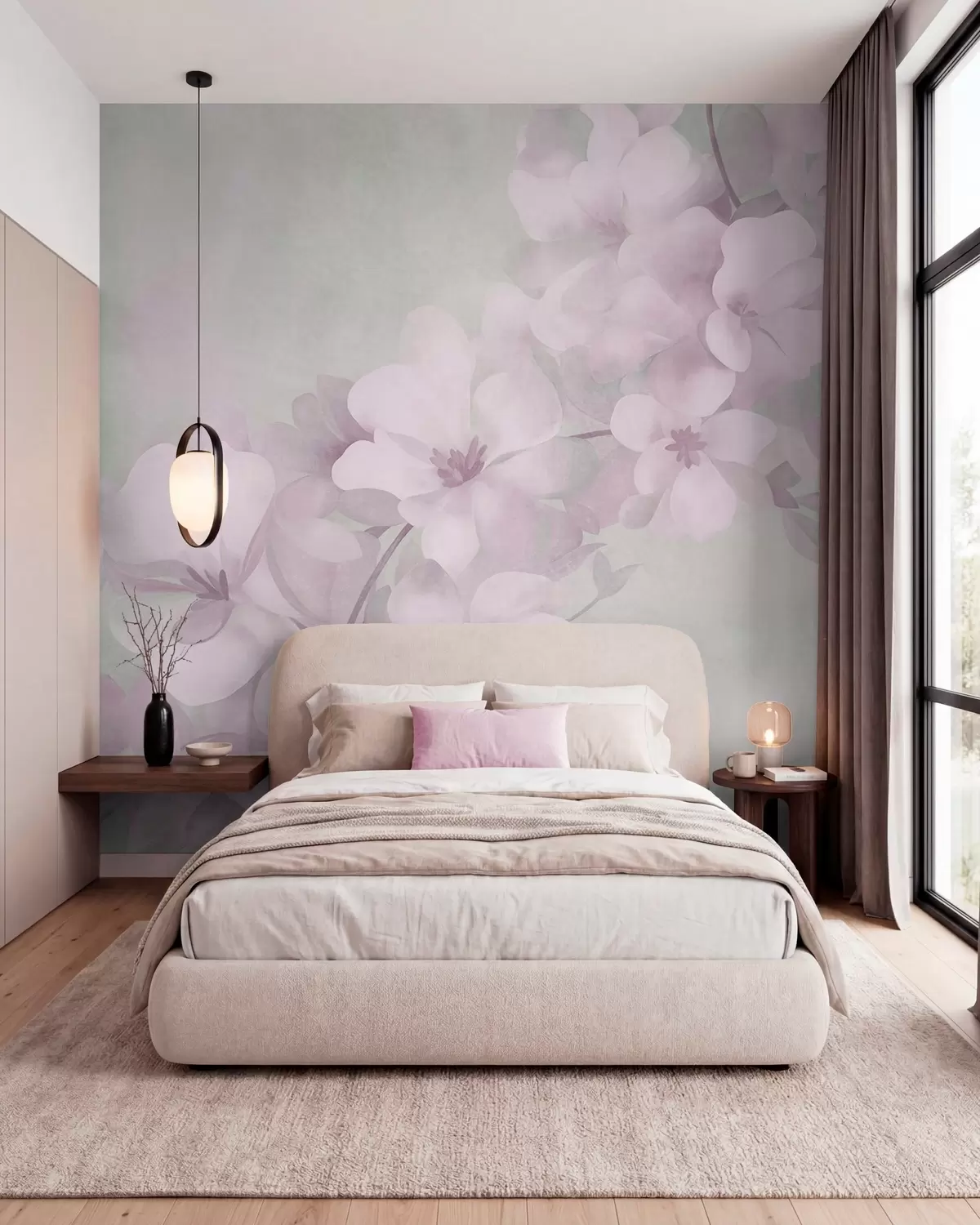 wall murals White flowers on a branch, soft pastel colors, light green textured background w10107v1