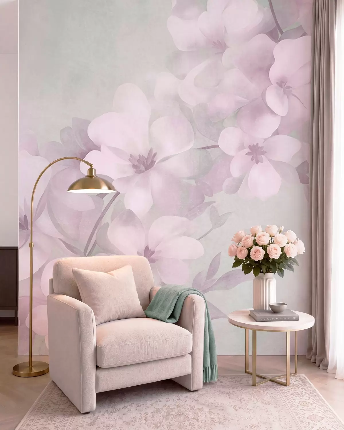 wall murals White flowers on a branch, soft pastel colors, light green textured background w10107v1