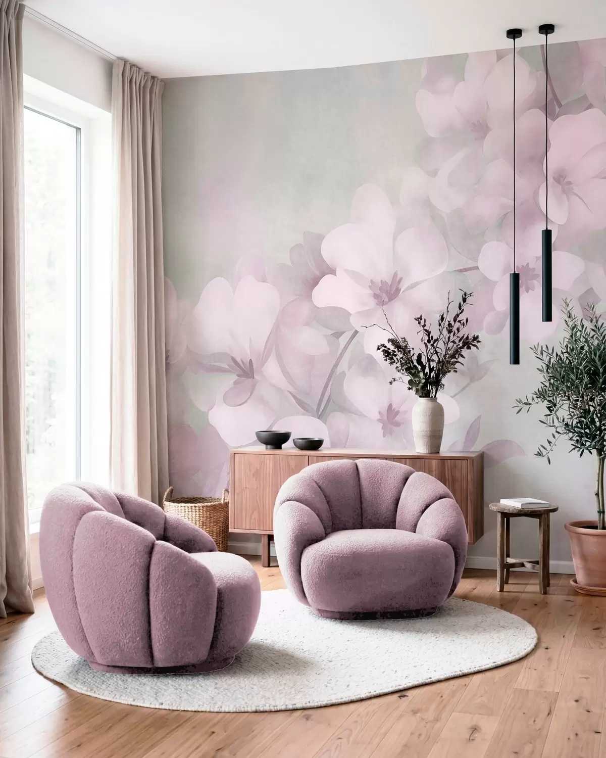 wall murals White flowers on a branch, soft pastel colors, light green textured background w10107v1