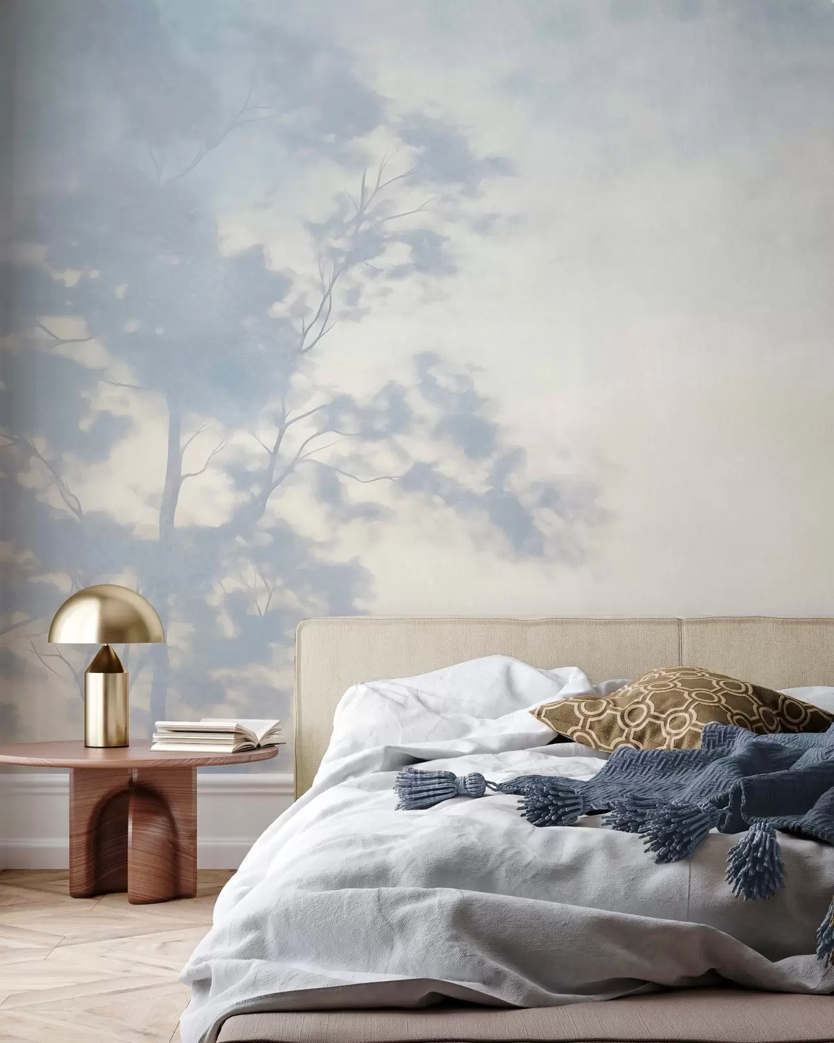 wall murals Textured tree with branches, pale cream and light blue background, minimalist art w10108