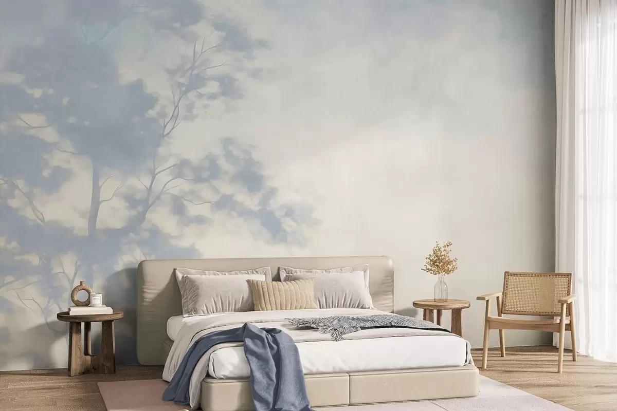 wall murals Textured tree with branches, pale cream and light blue background, minimalist art w10108