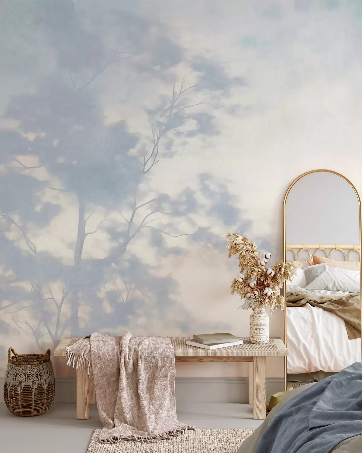 wall murals Textured tree with branches, pale cream and light blue background, minimalist art w10108