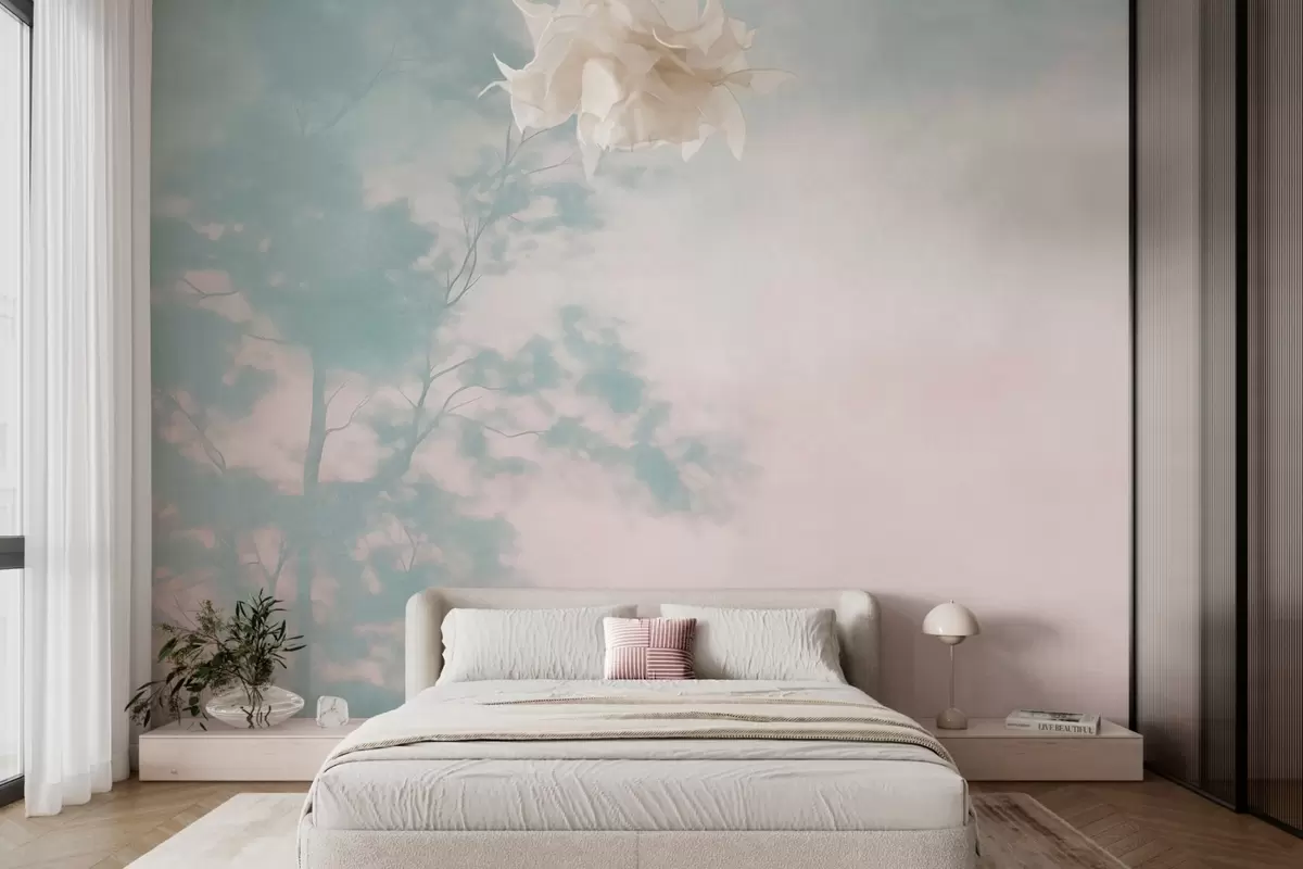 wall murals Textured tree with branches, pale pink and turquoise background, minimalist art w10108v1