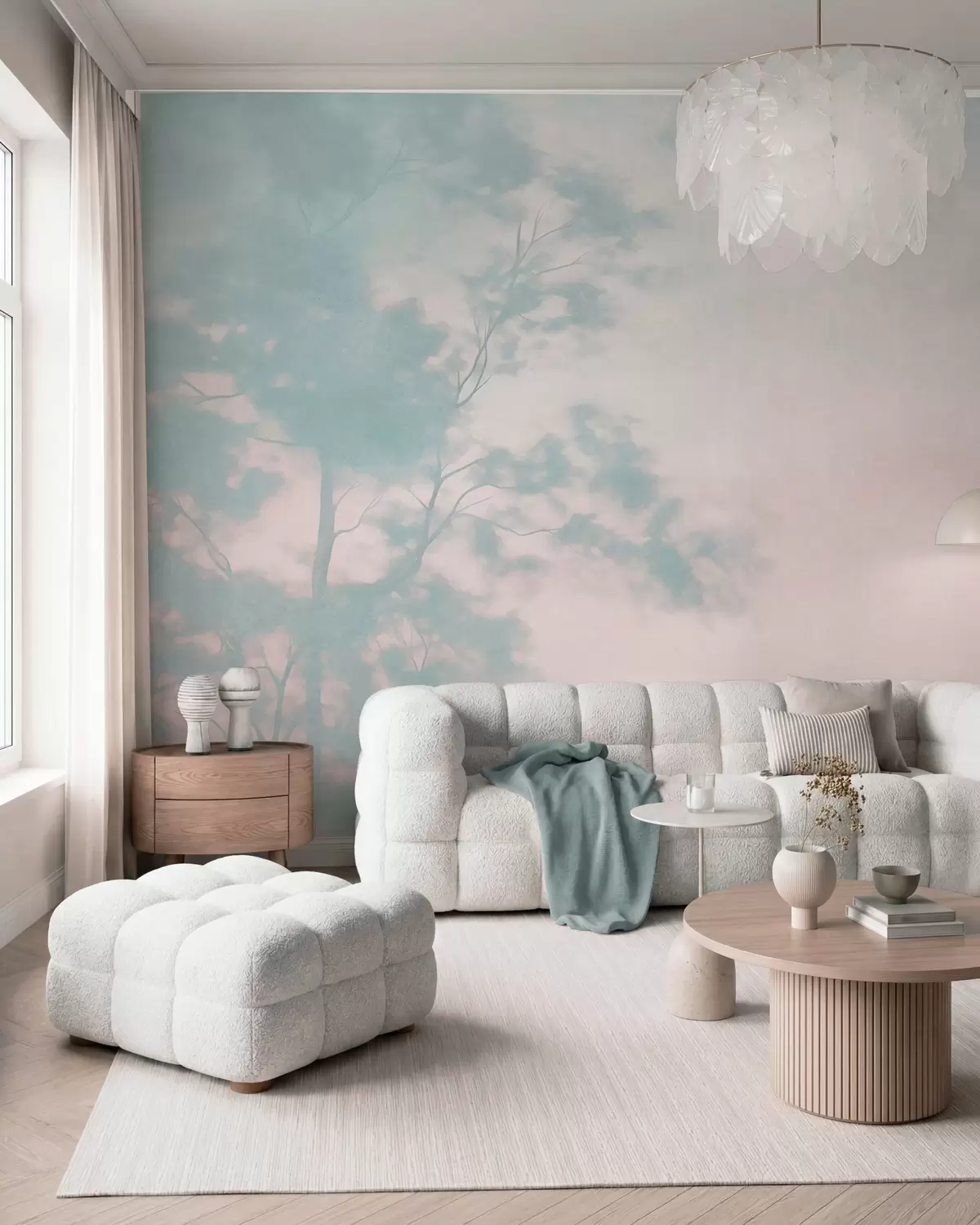 wall murals Textured tree with branches, pale pink and turquoise background, minimalist art w10108v1