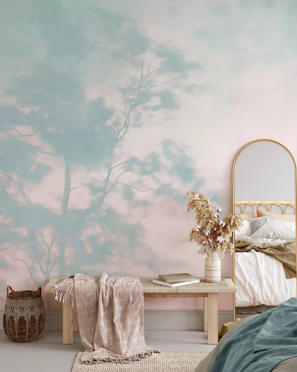 wall murals Textured tree with branches, pale pink and turquoise background, minimalist art w10108v1