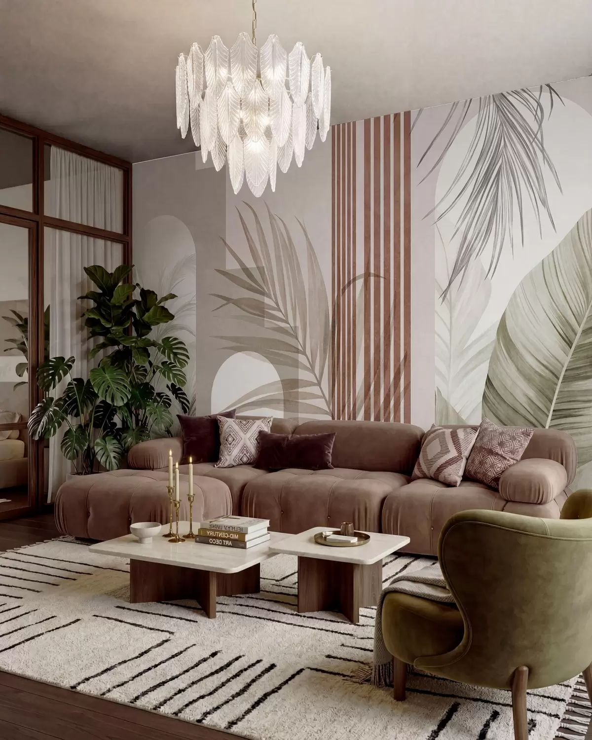 wall murals Abstract composition with palm leaves, geometric arches, and vertical stripes w10110