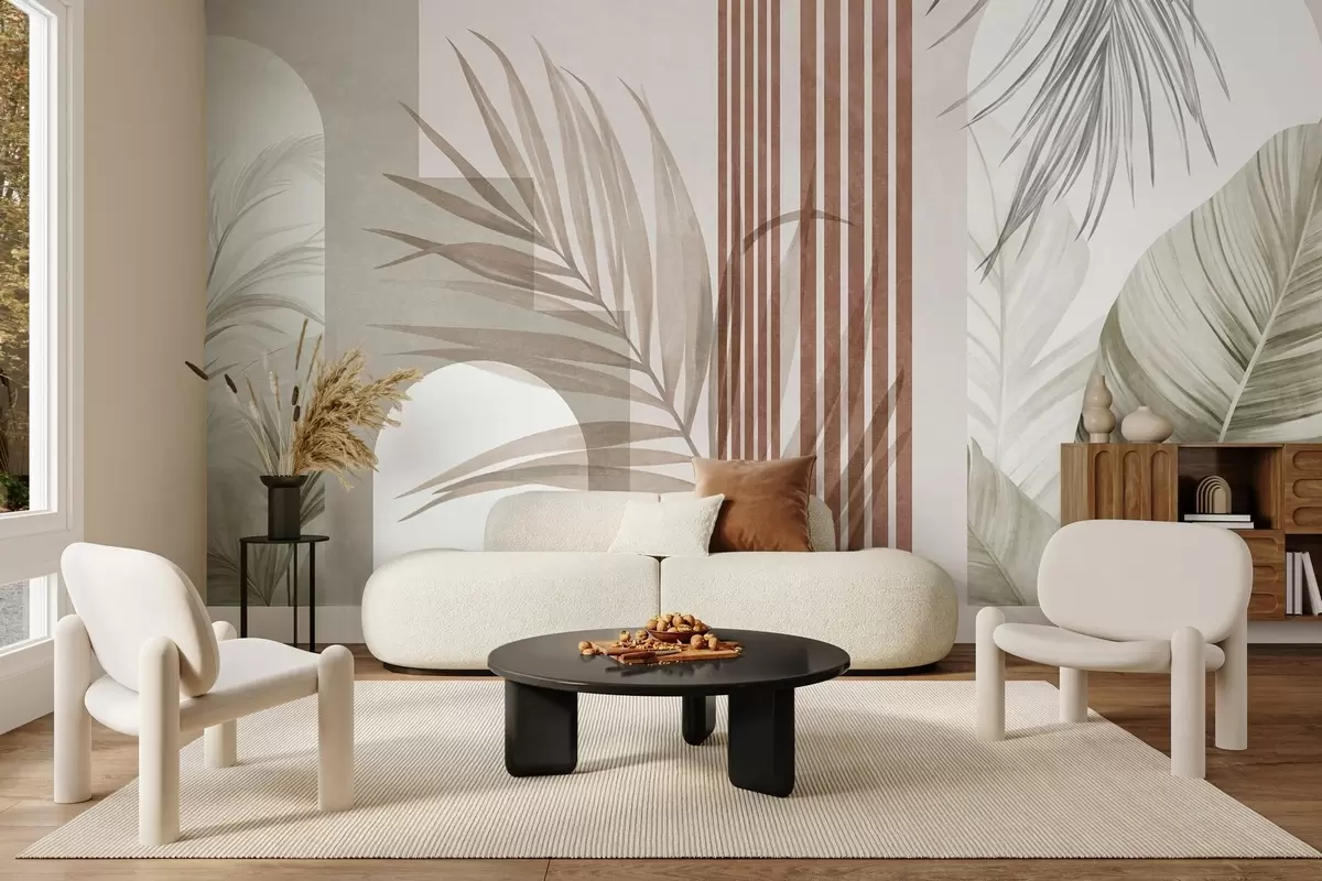 wall murals Abstract composition with palm leaves, geometric arches, and vertical stripes w10110