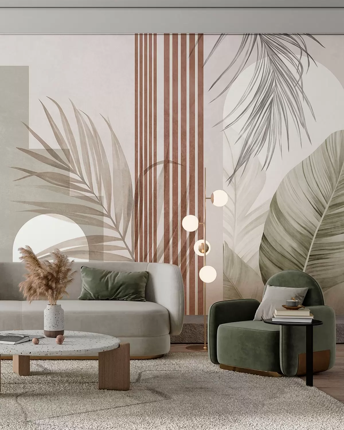 wall murals Abstract composition with palm leaves, geometric arches, and vertical stripes w10110