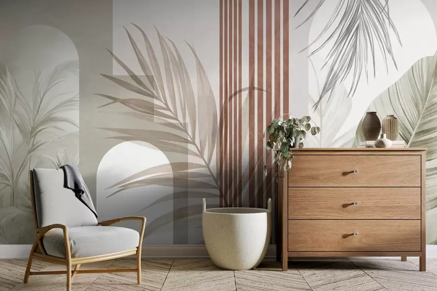 wall murals Abstract composition with palm leaves, geometric arches, and vertical stripes w10110