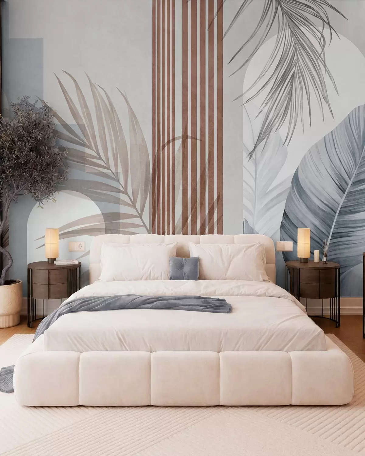 wall murals Abstract composition with palm leaves, geometric arches, and vertical stripes w10110v1