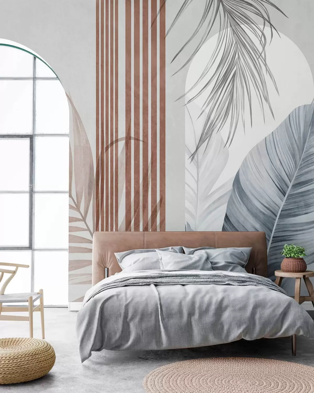 wall murals Abstract composition with palm leaves, geometric arches, and vertical stripes w10110v1