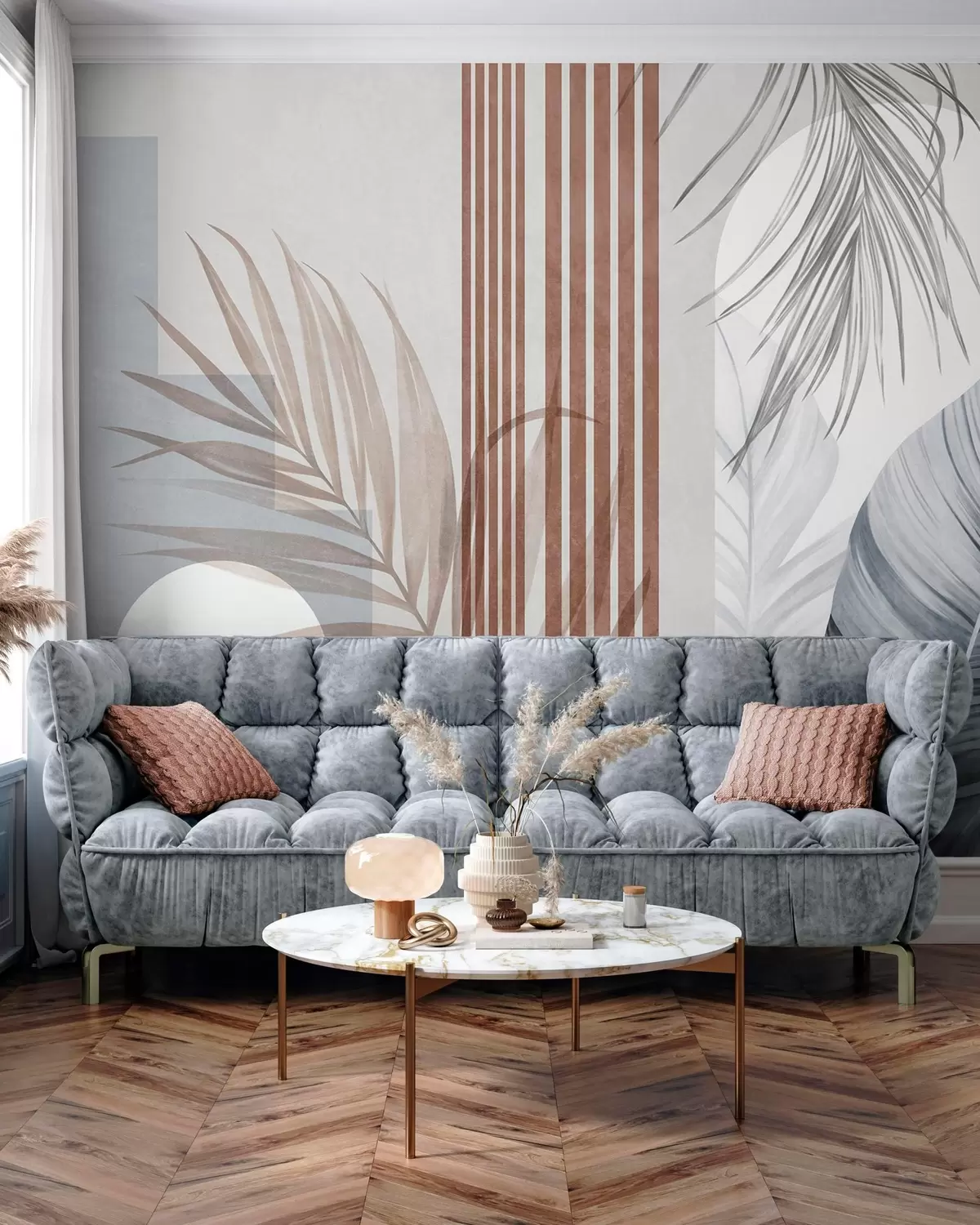 wall murals Abstract composition with palm leaves, geometric arches, and vertical stripes w10110v1