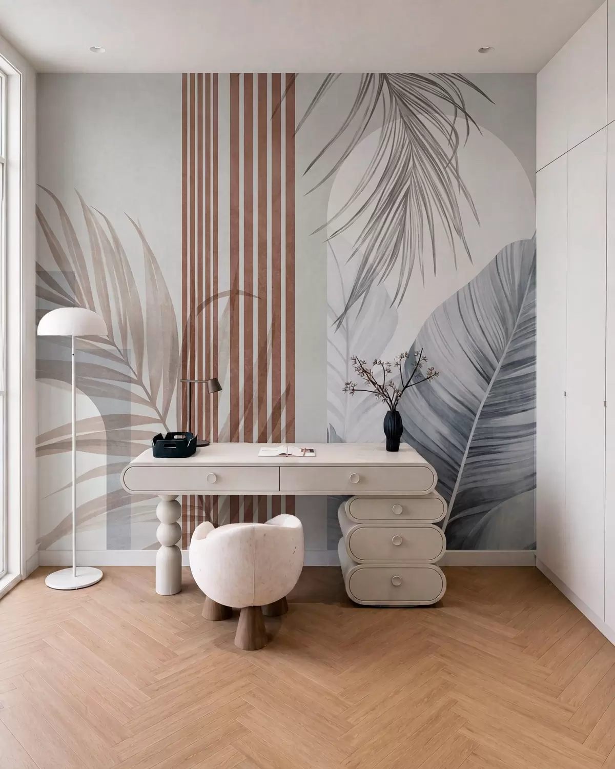 wall murals Abstract composition with palm leaves, geometric arches, and vertical stripes w10110v1