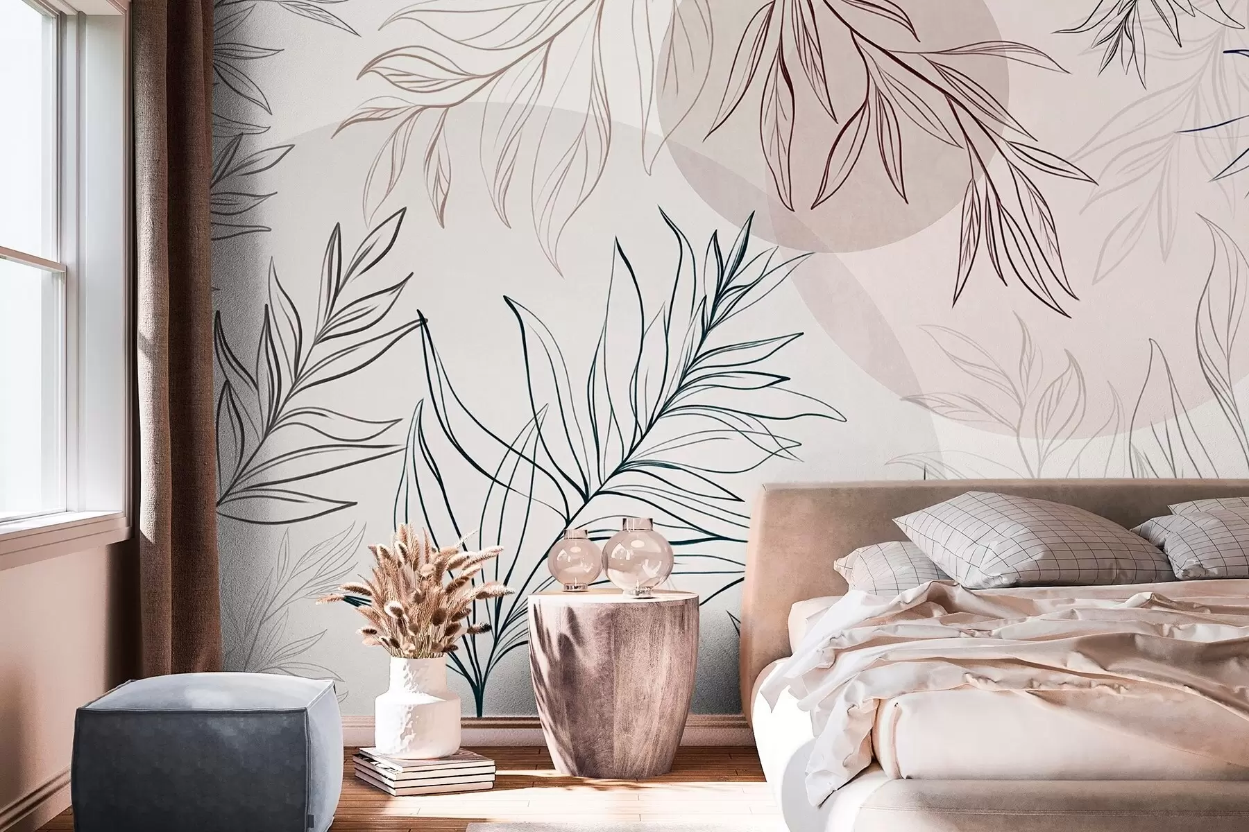 wall murals Minimalist line art of tropical leaves and foliage, pastel circular shapes w10111