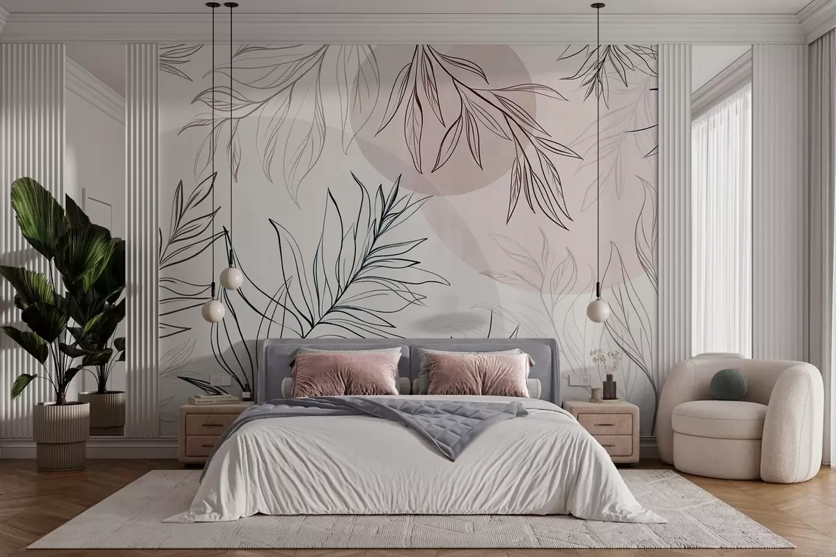 wall murals Minimalist line art of tropical leaves and foliage, pastel circular shapes w10111