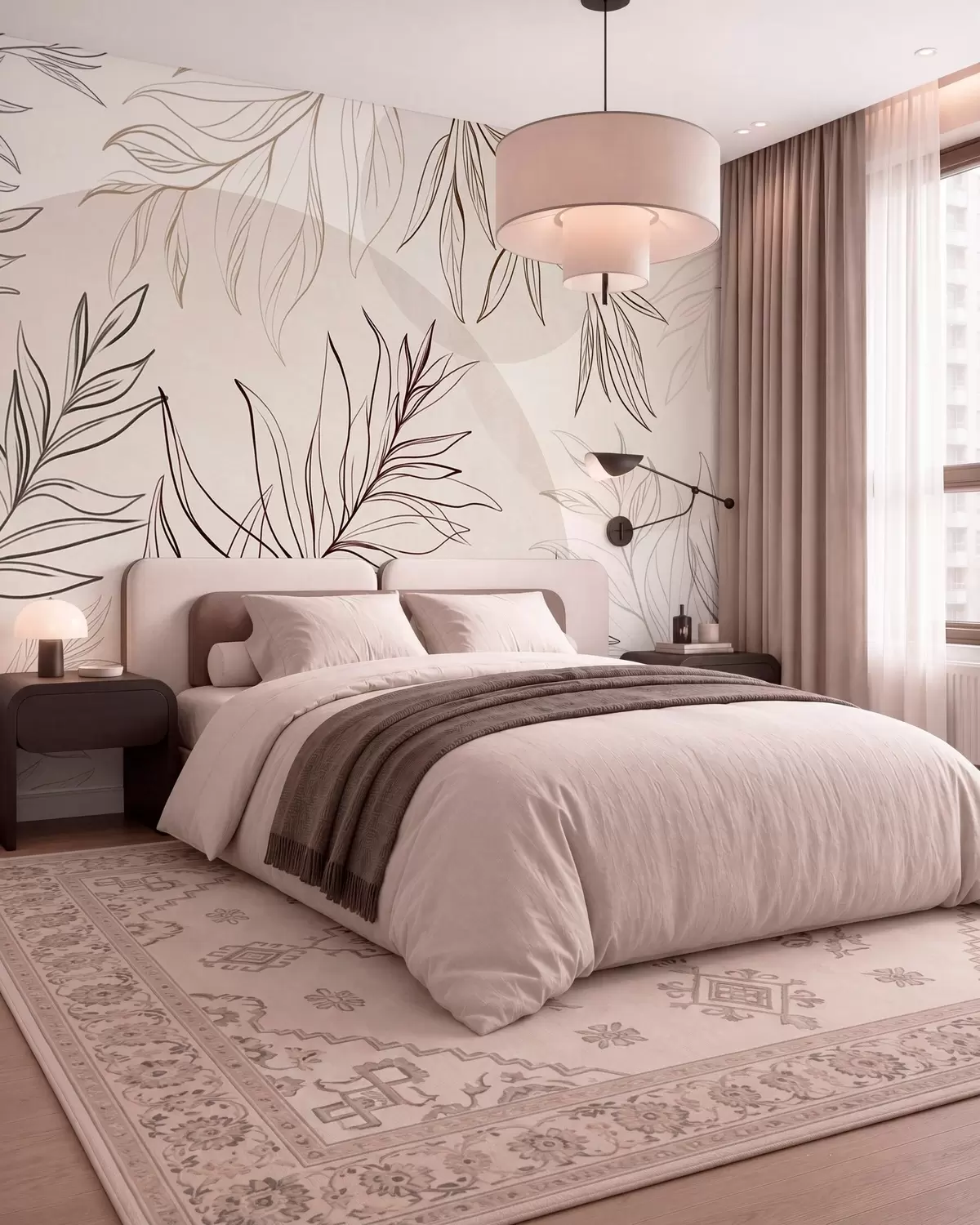 wall murals Minimalist line art of tropical leaves and foliage, pastel circular shapes w10111v1