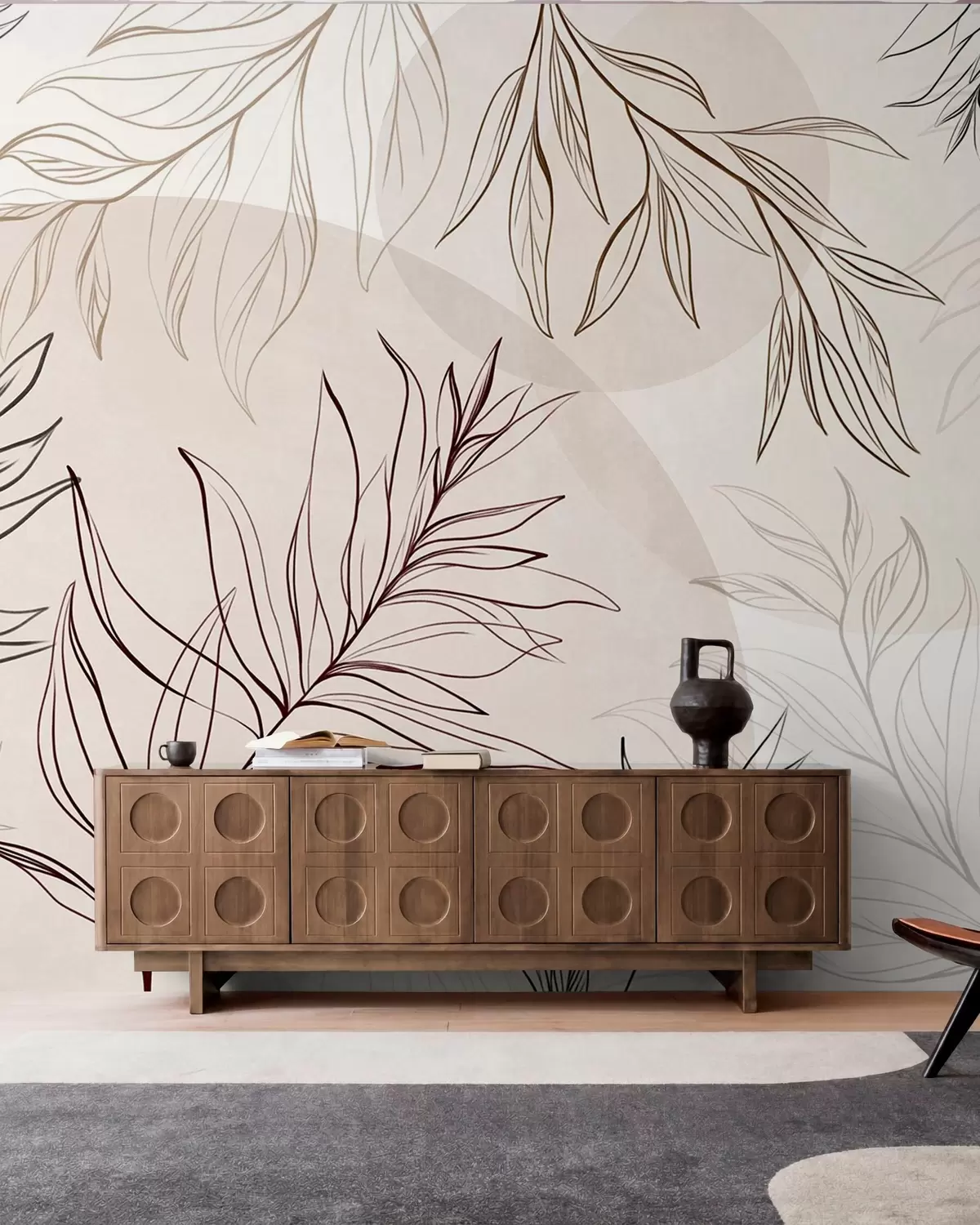 wall murals Minimalist line art of tropical leaves and foliage, pastel circular shapes w10111v1