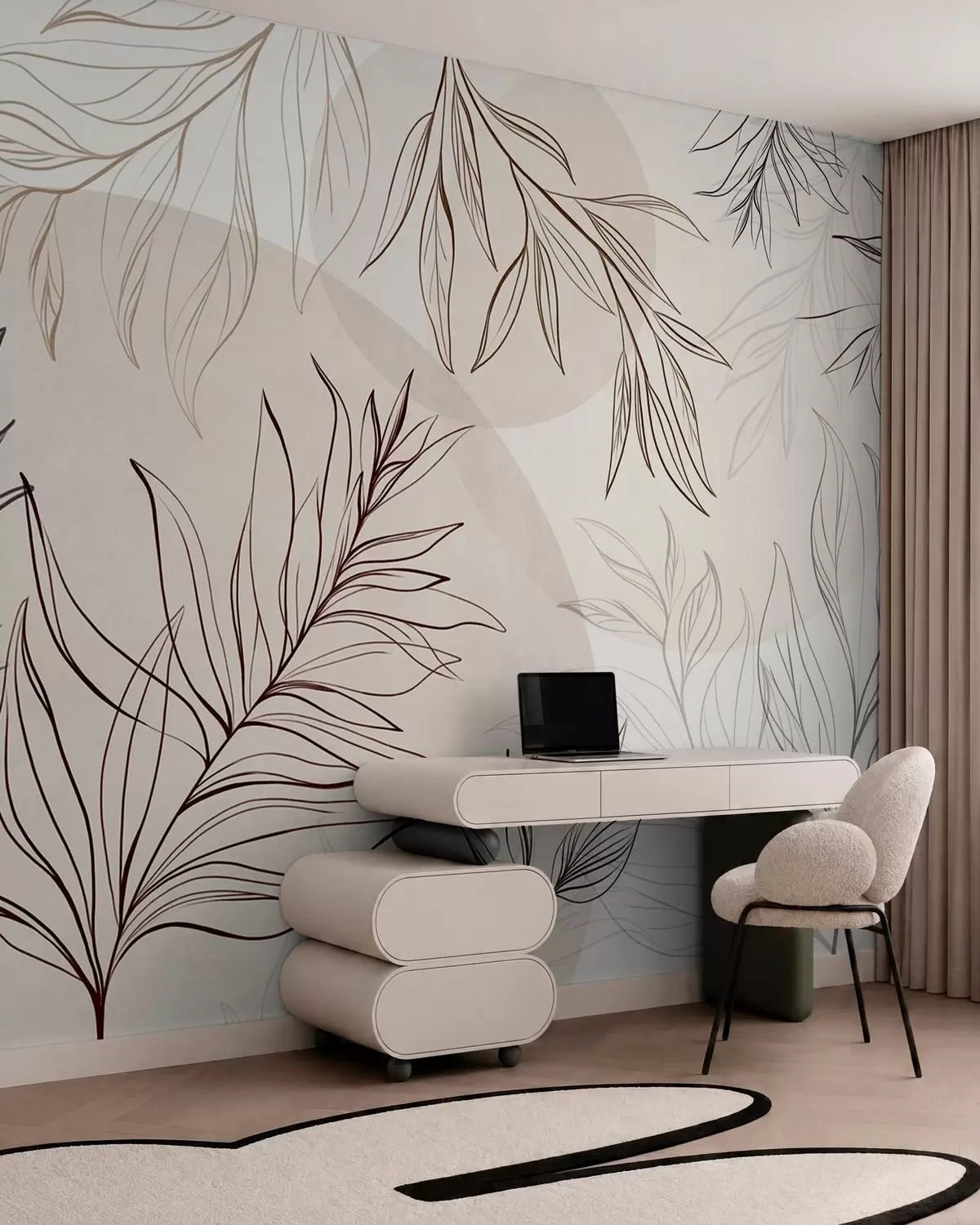 wall murals Minimalist line art of tropical leaves and foliage, pastel circular shapes w10111v1