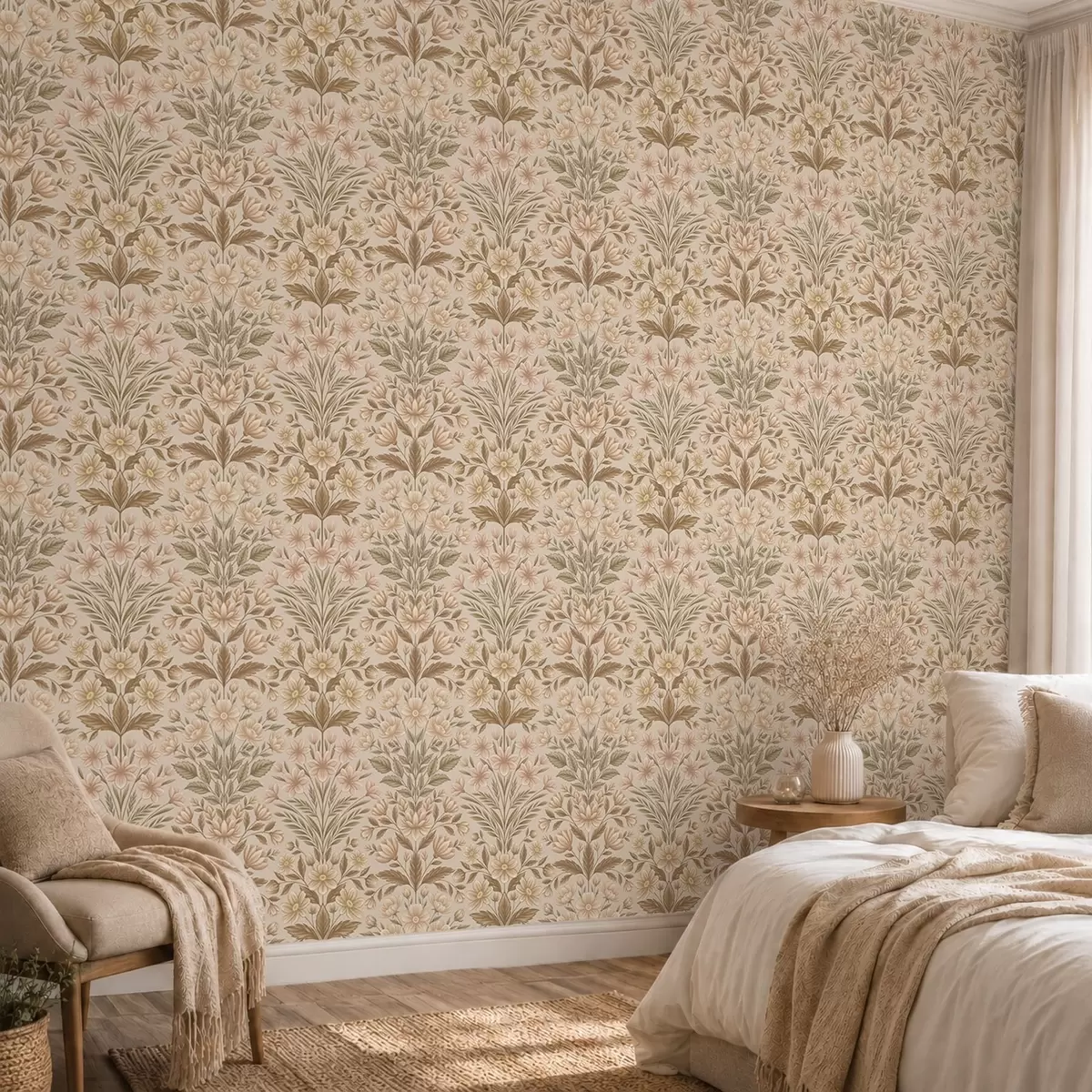 Wallpaper Peach flowers and olive green leaves on a beige background a01279v1
