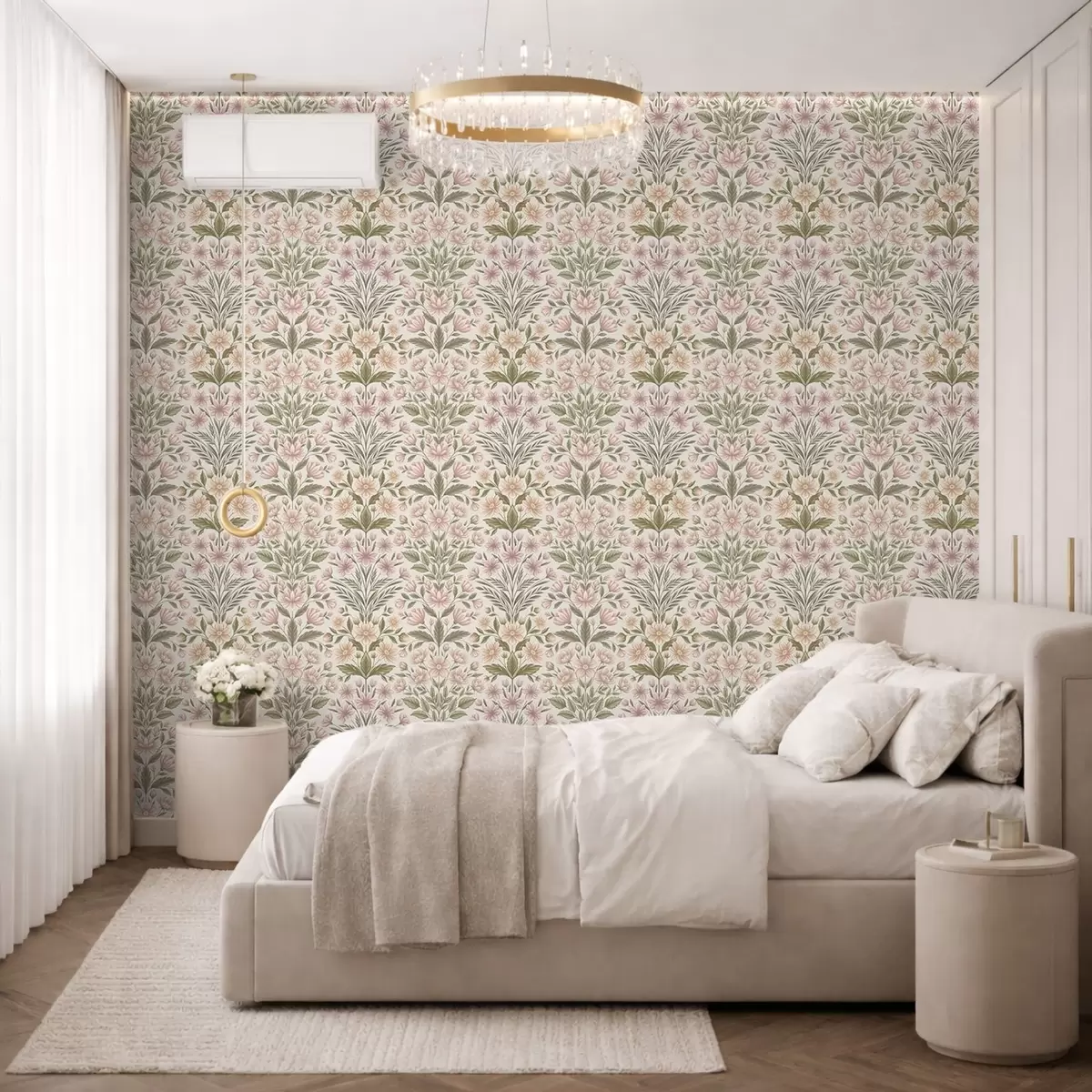 Wallpaper Soft pink flowers and olive green leaves on a light background a01279v2