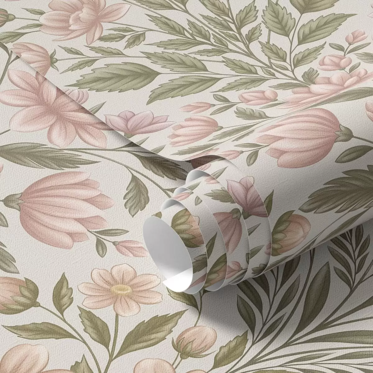 Wallpaper Soft pink flowers and olive green leaves on a light background a01279v2