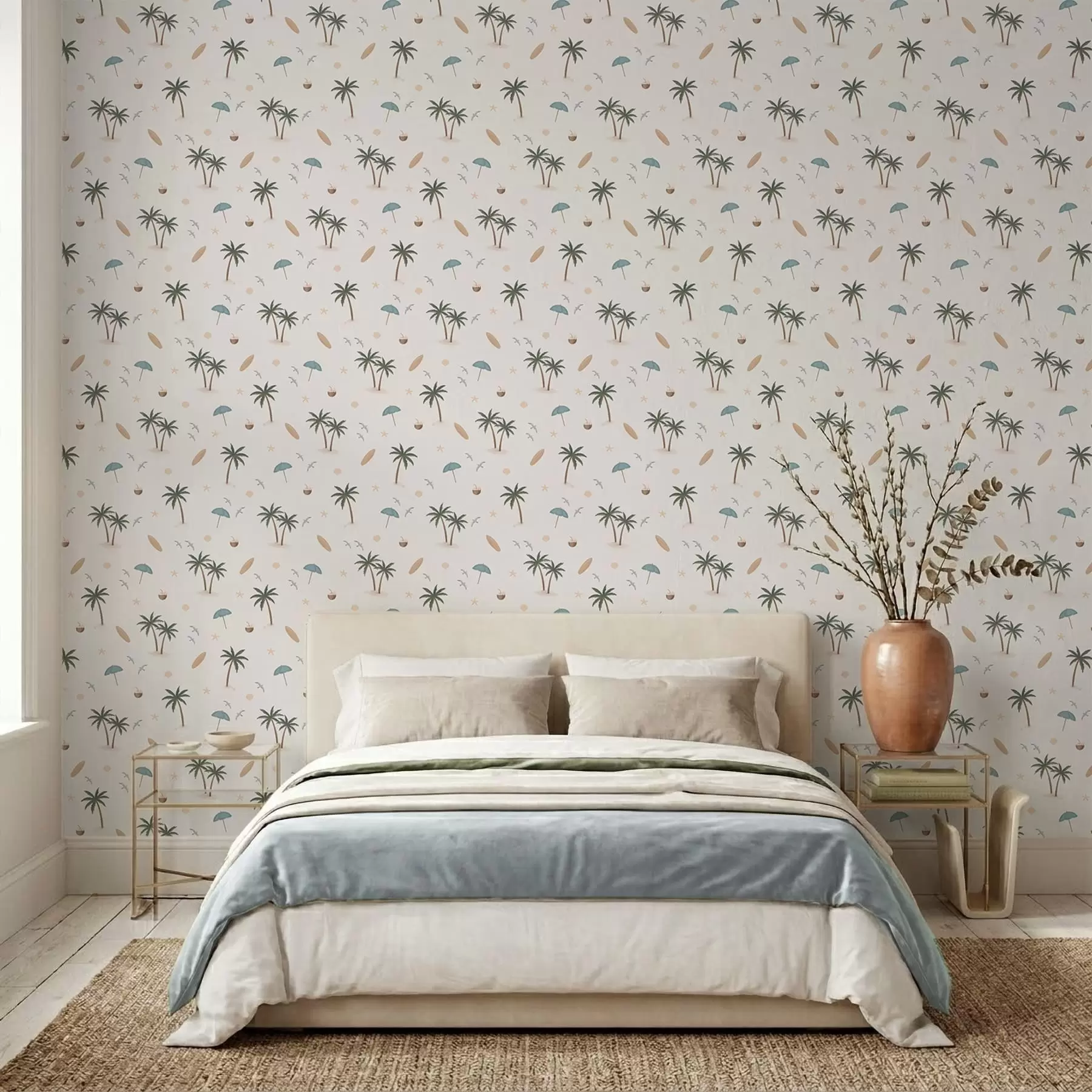 wall murals Tropical palms, birds and beach umbrellas on a light background a01280