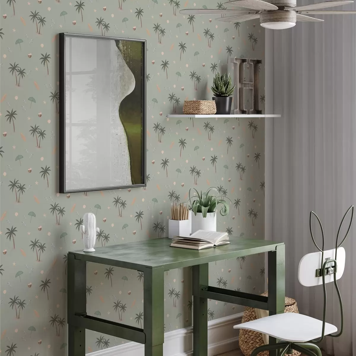 Wallpaper Tropical palms, birds and seashells on a sage green background a01280v1