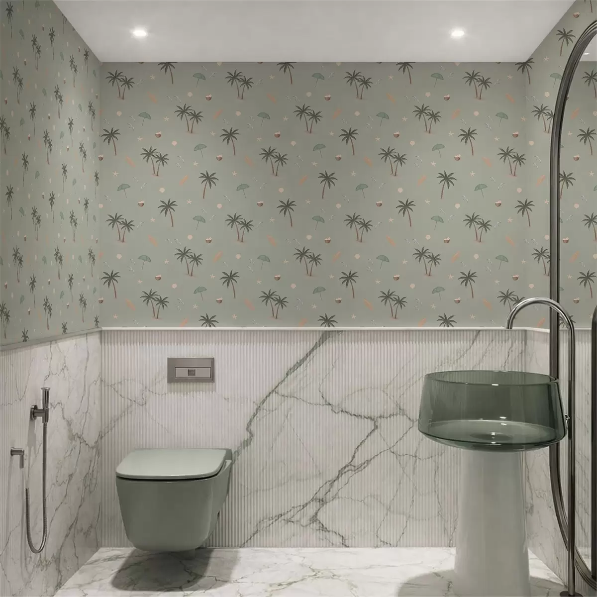 Wallpaper Tropical palms, birds and seashells on a sage green background a01280v1
