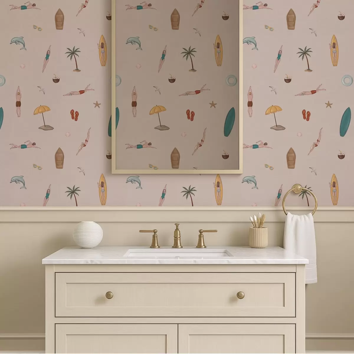 Wallpaper Swimmers, dolphin, palm tree and surfboard on a beige background a01275