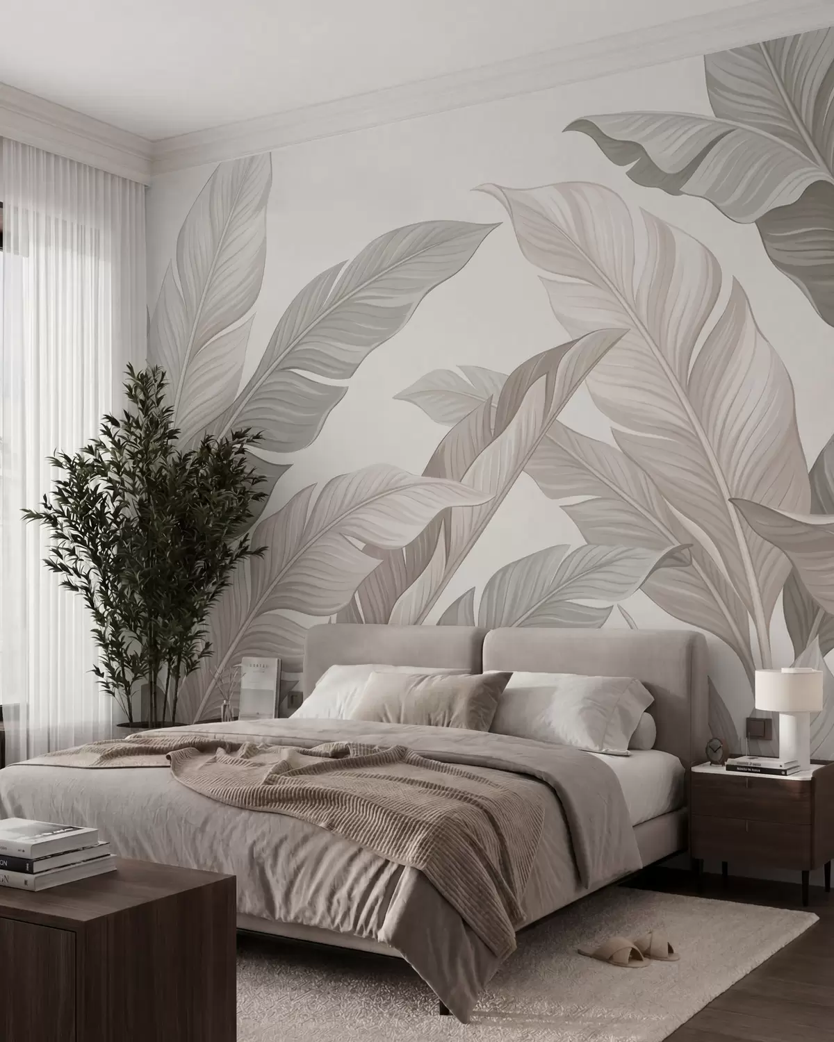 wall murals Delicate botanical leaves in natural beige and sage green tones w10089