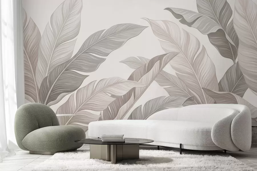 wall murals Delicate botanical leaves in natural beige and sage green tones w10089