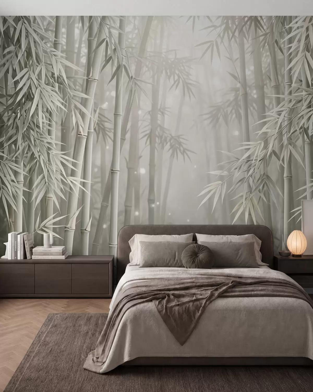 wall murals Mystical bamboo forest in soft mist with muted olive and milky white tones w10090