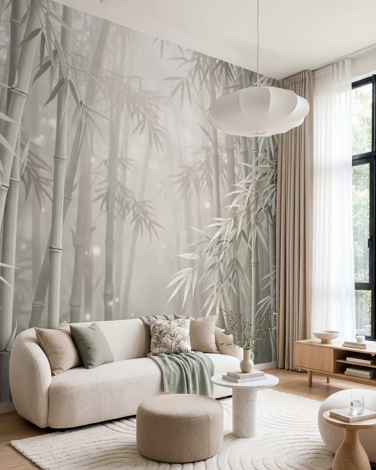 wall murals Mystical bamboo forest in soft mist with muted olive and milky white tones w10090