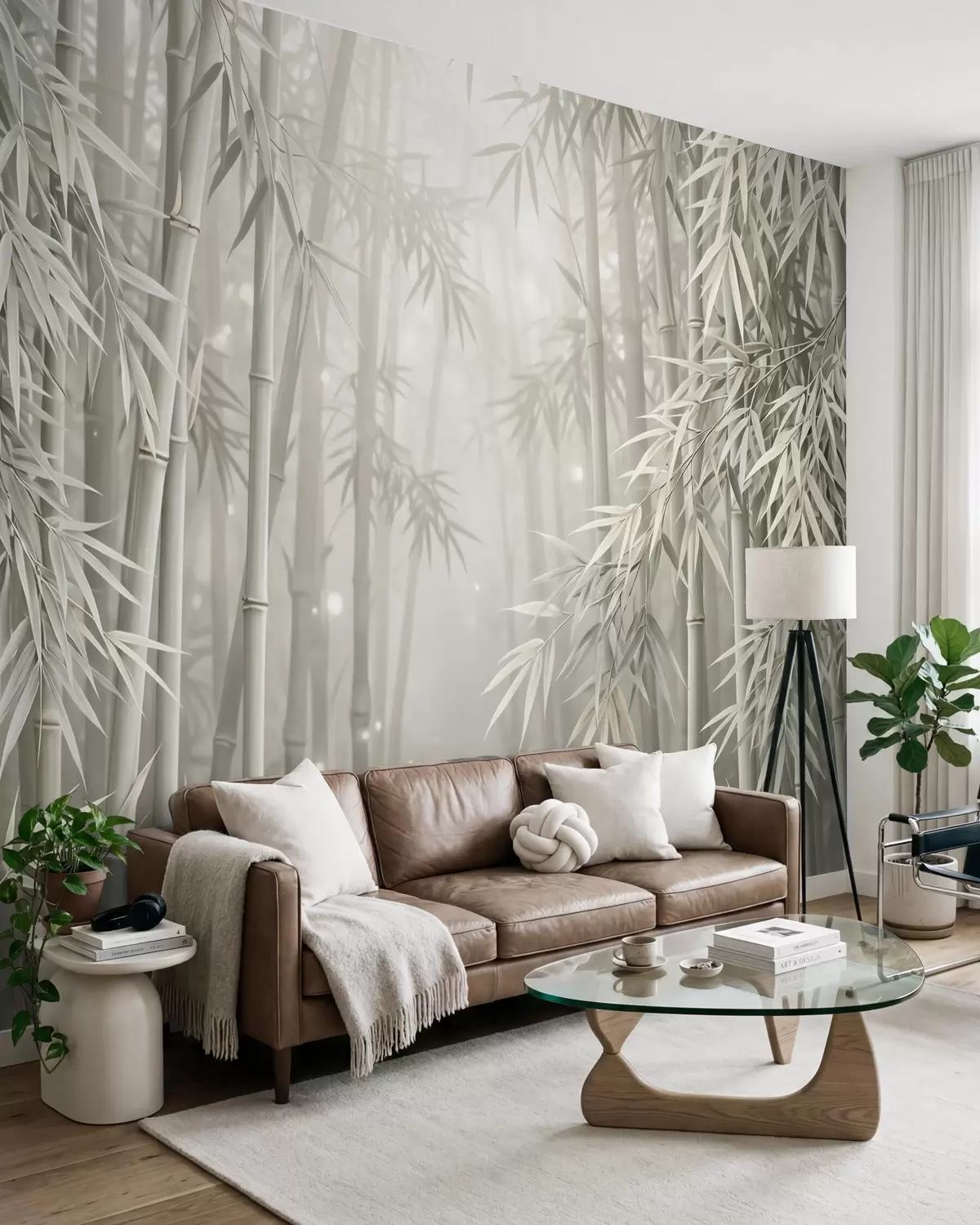 wall murals Mystical bamboo forest in soft mist with muted olive and milky white tones w10090