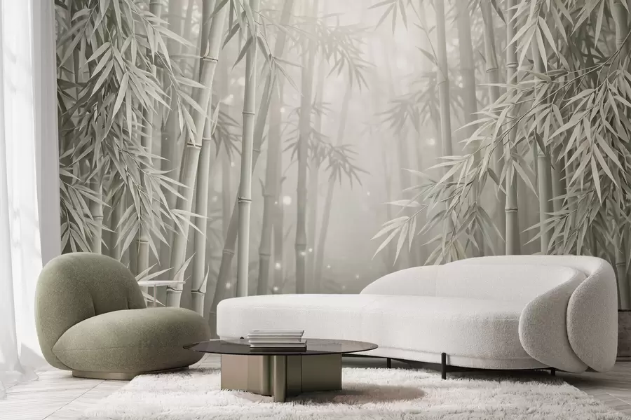 wall murals Mystical bamboo forest in soft mist with muted olive and milky white tones w10090
