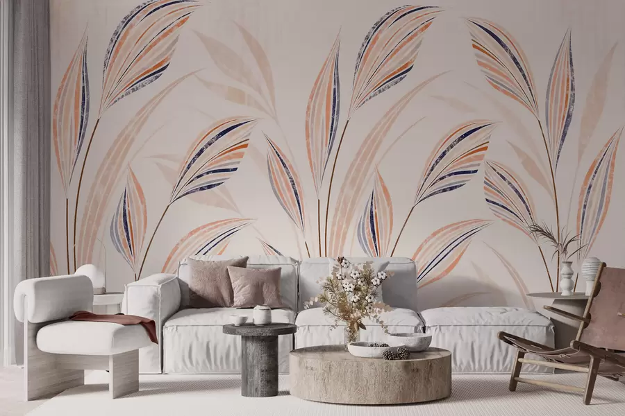 wall murals Abstract decorative grasses with elegant elongated leaves in peach, cream and blue watercolor tones w10093