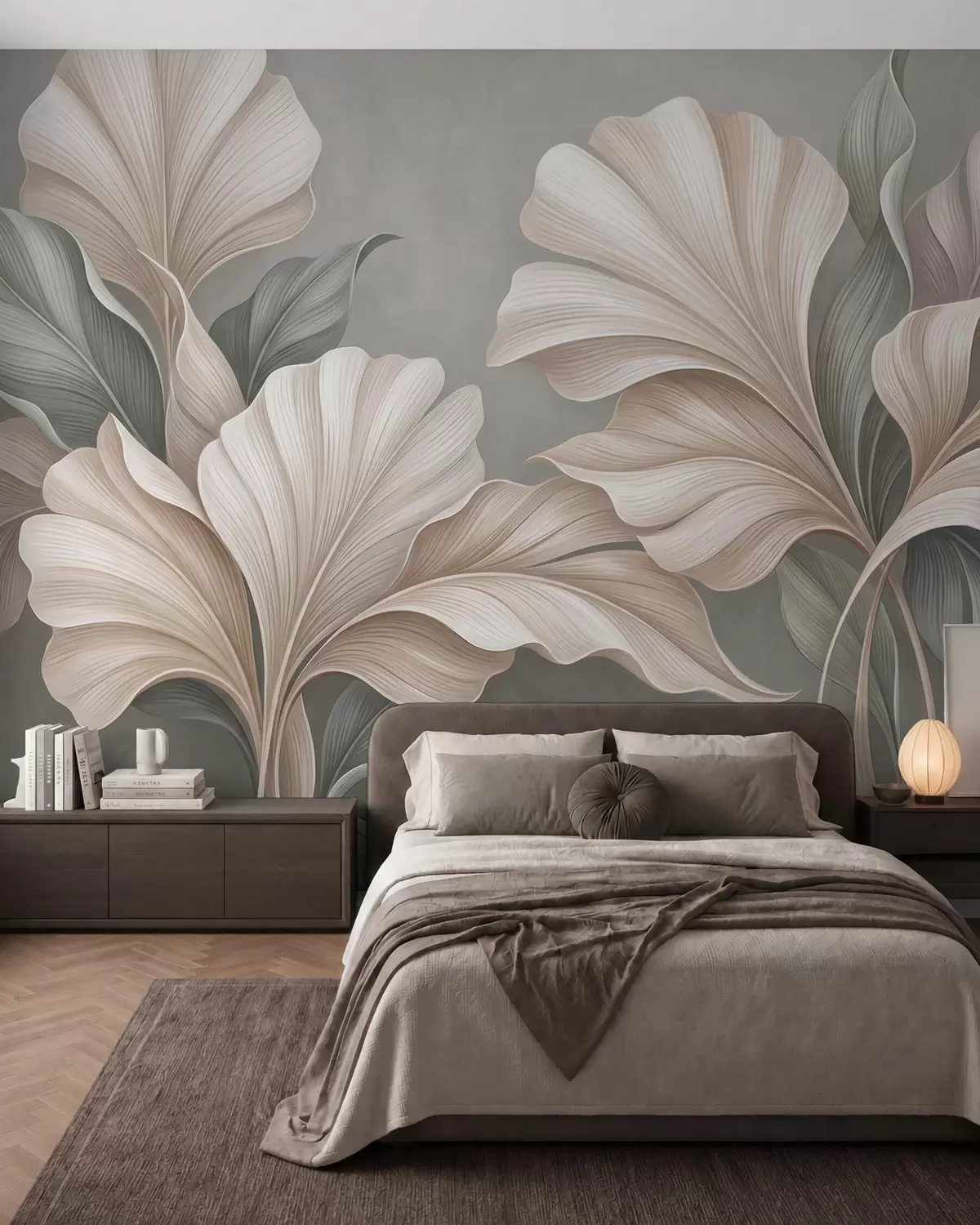 wall murals Delicate botanical leaves in natural beige and sage green tones w10094