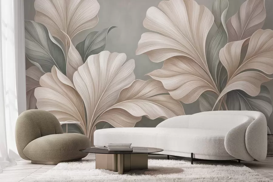 wall murals Delicate botanical leaves in natural beige and sage green tones w10094