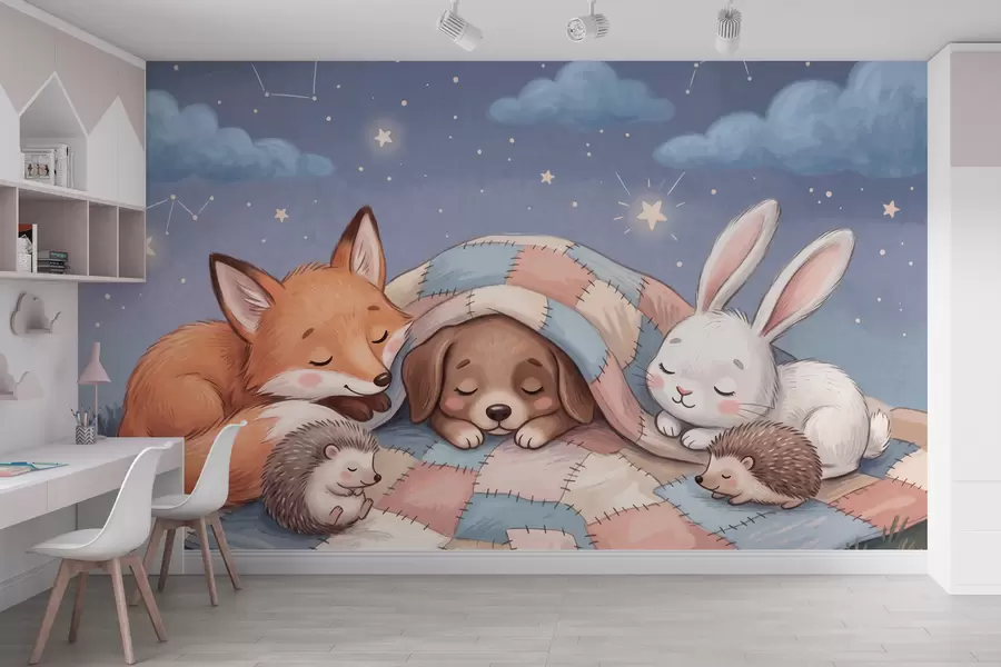 wall murals Whimsical woodland animals sleeping under a starry sky on a cozy patchwork blanket in a charming watercolor illustration w10098