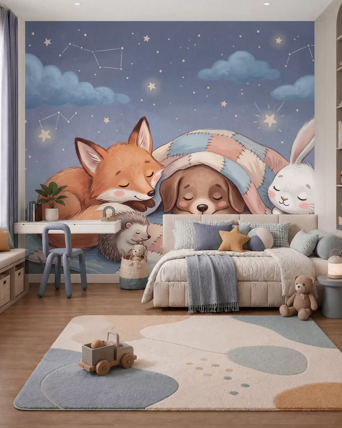 wall murals Whimsical woodland animals sleeping under a starry sky on a cozy patchwork blanket in a charming watercolor illustration w10098