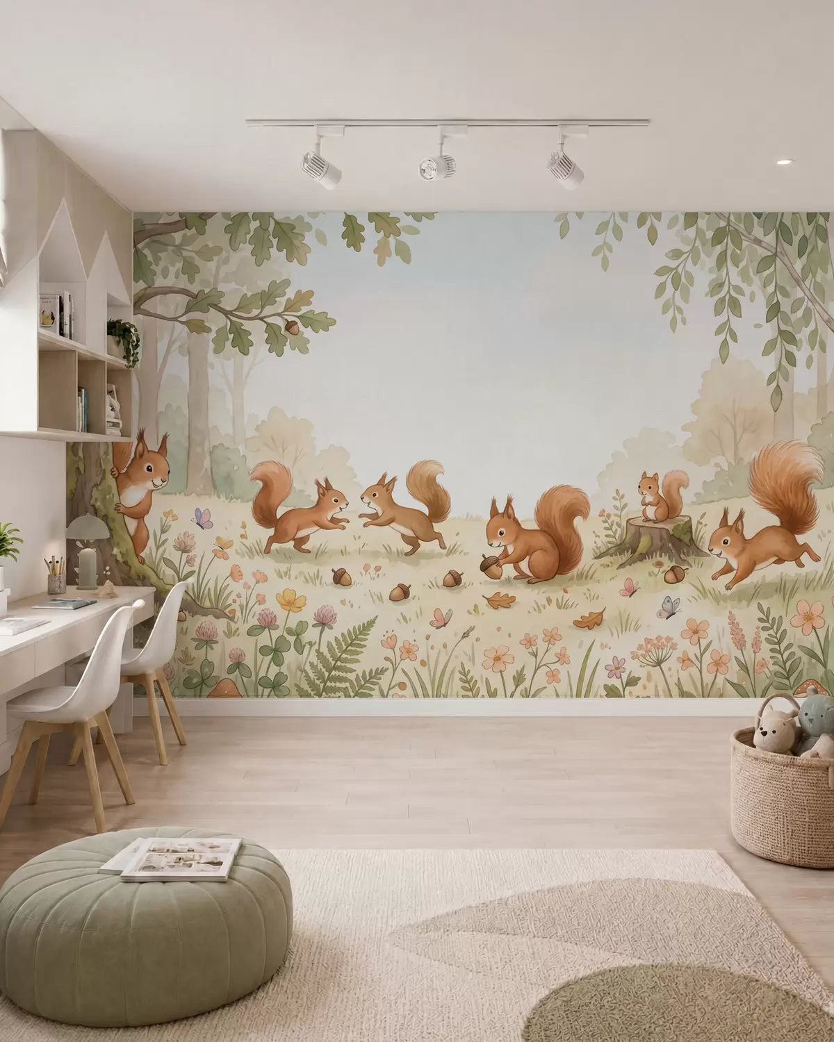 wall murals Autumn woodland with fluffy red squirrels, acorns and delicate wildflowers in a watercolor style w10102