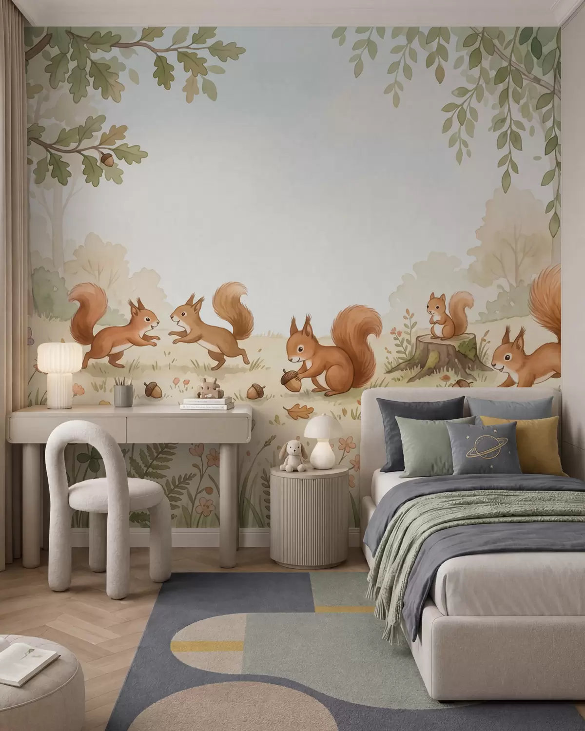 wall murals Autumn woodland with fluffy red squirrels, acorns and delicate wildflowers in a watercolor style w10102