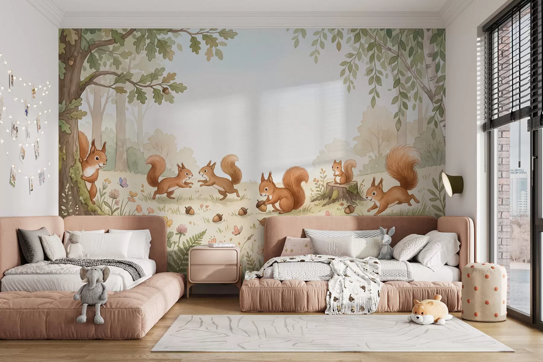 wall murals Autumn woodland with fluffy red squirrels, acorns and delicate wildflowers in a watercolor style w10102