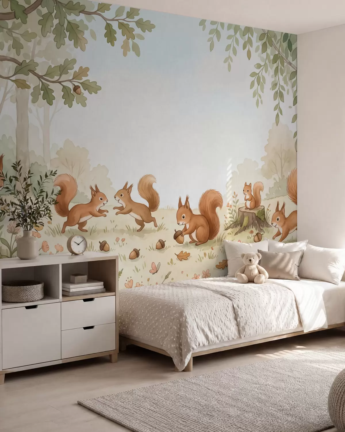 wall murals Autumn woodland with fluffy red squirrels, acorns and delicate wildflowers in a watercolor style w10102