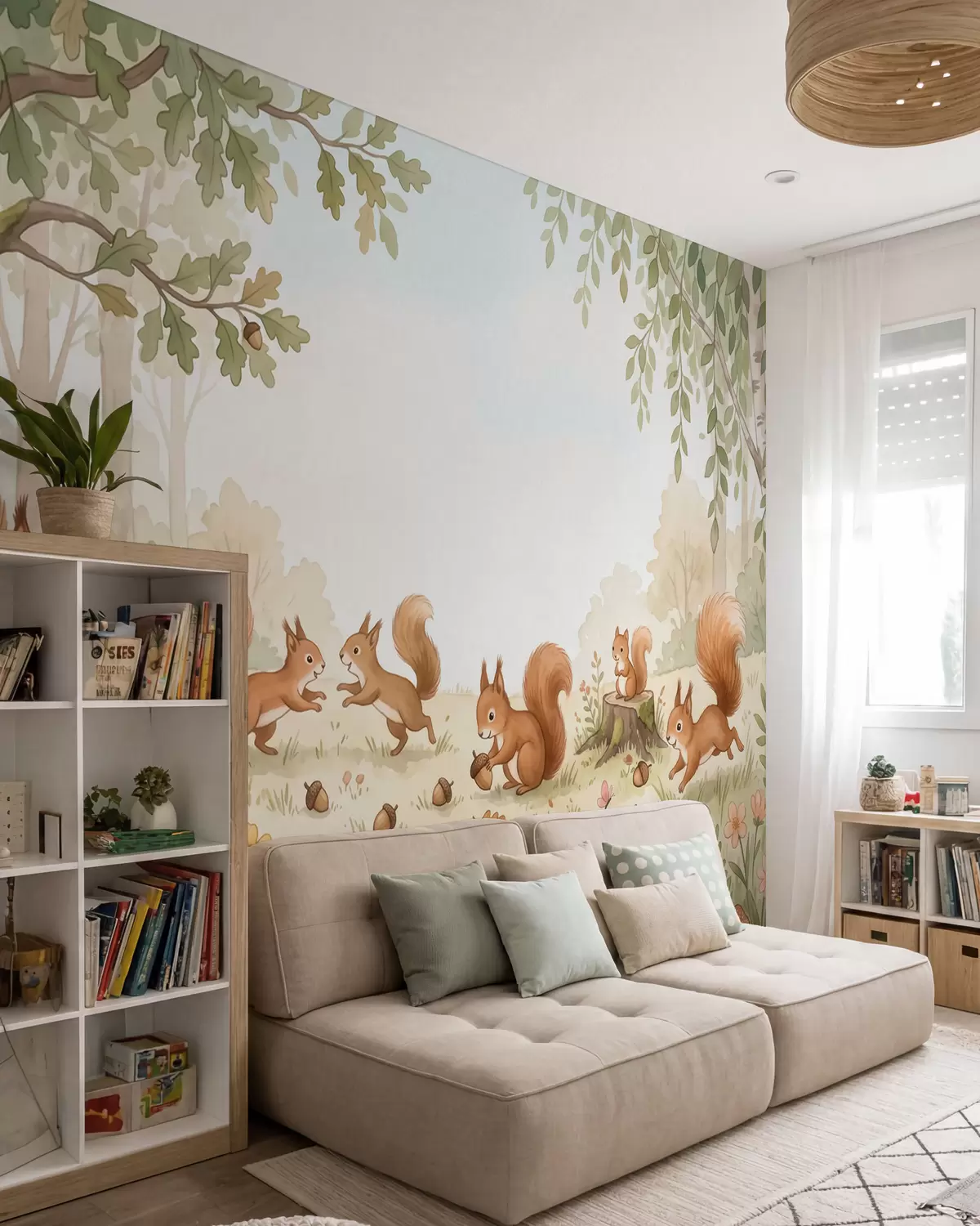 wall murals Autumn woodland with fluffy red squirrels, acorns and delicate wildflowers in a watercolor style w10102