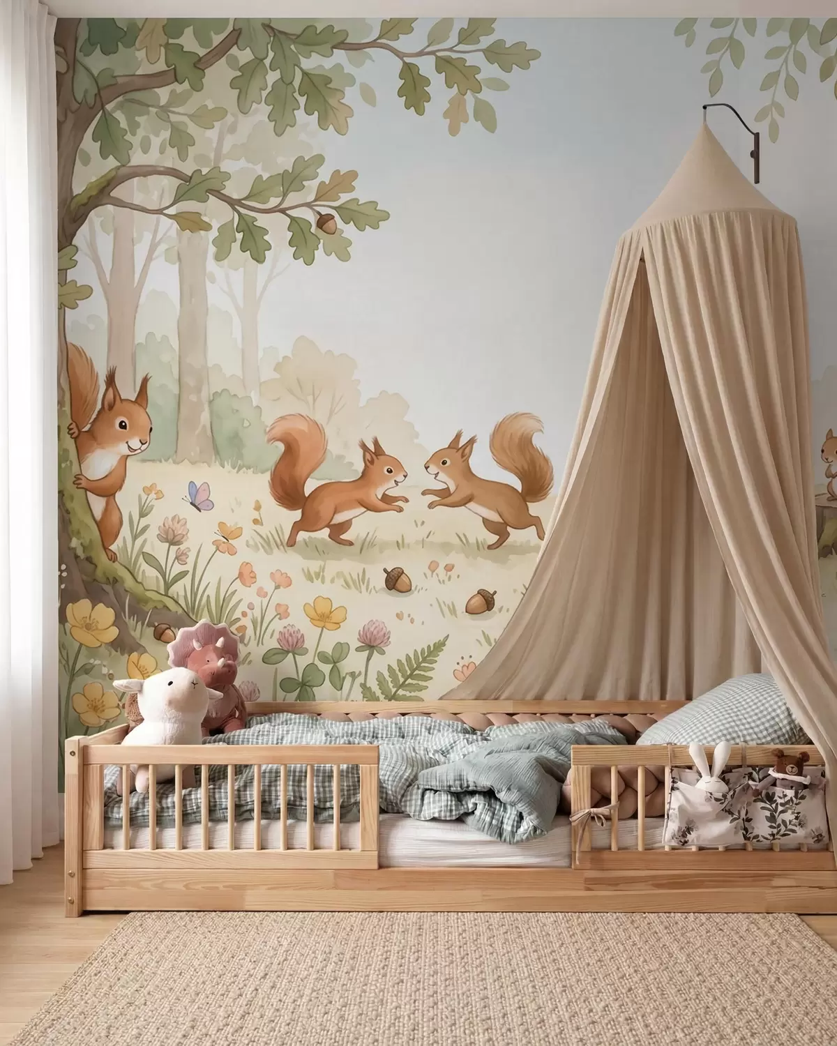 wall murals Autumn woodland with fluffy red squirrels, acorns and delicate wildflowers in a watercolor style w10102