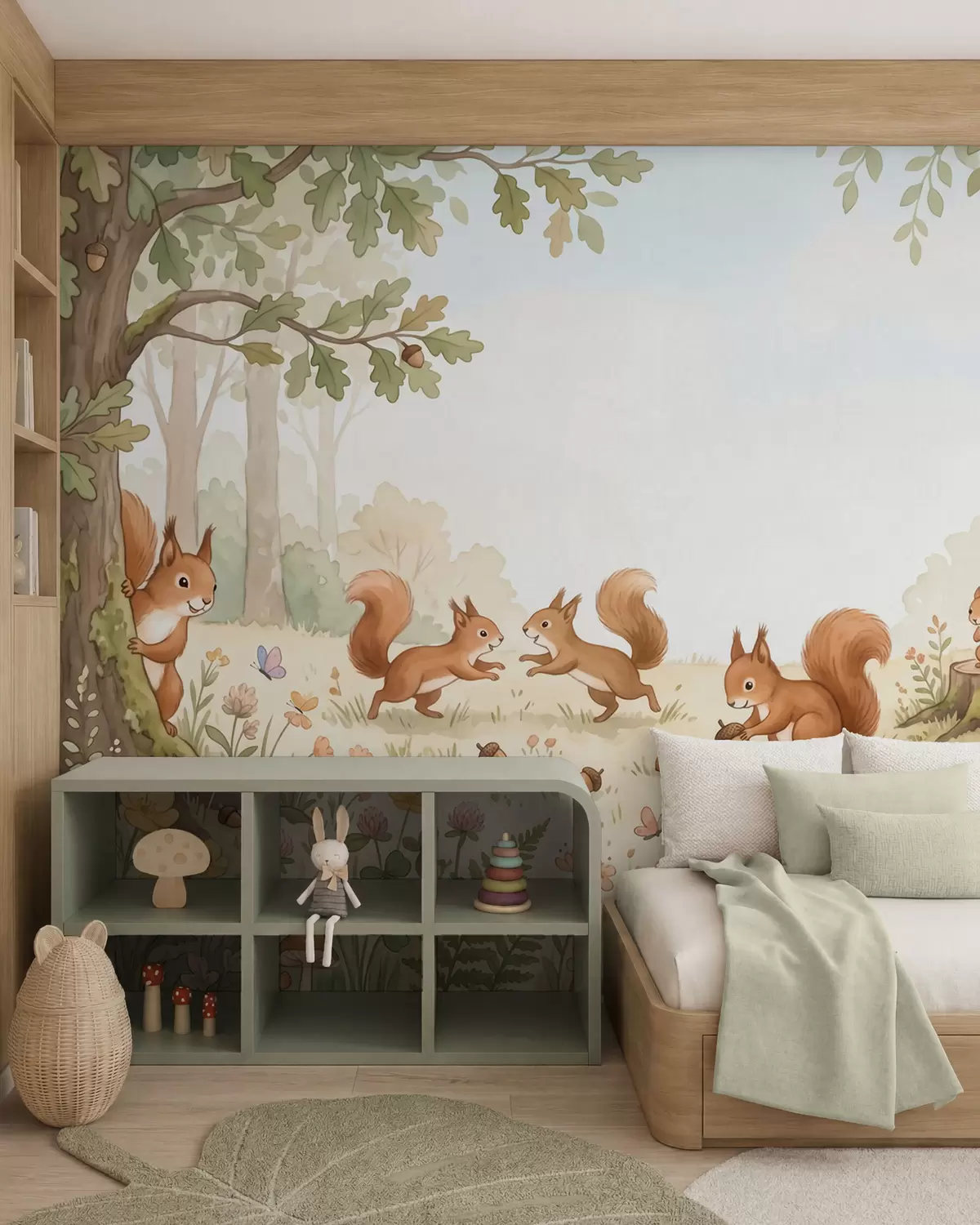 wall murals Autumn woodland with fluffy red squirrels, acorns and delicate wildflowers in a watercolor style w10102