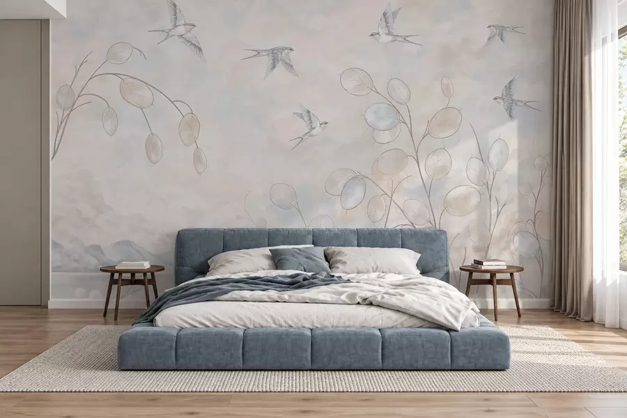 wall murals Swallows among delicate plants against a lake and mountains w05892